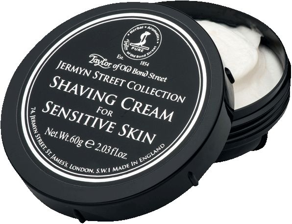 Schwarze Dose mit Rasiercreme. Deckel mit weißer Schrift: Jermyn Street Collection, Shaving Cream for Sensitive Skin. Offen.