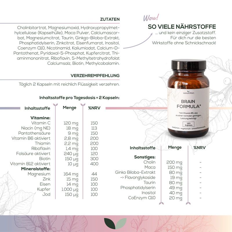 Produktinformationen: Zutaten, Nährwerttabelle, Verzehrempfehlung. Braune Flasche "Brain Formula" abgebildet.