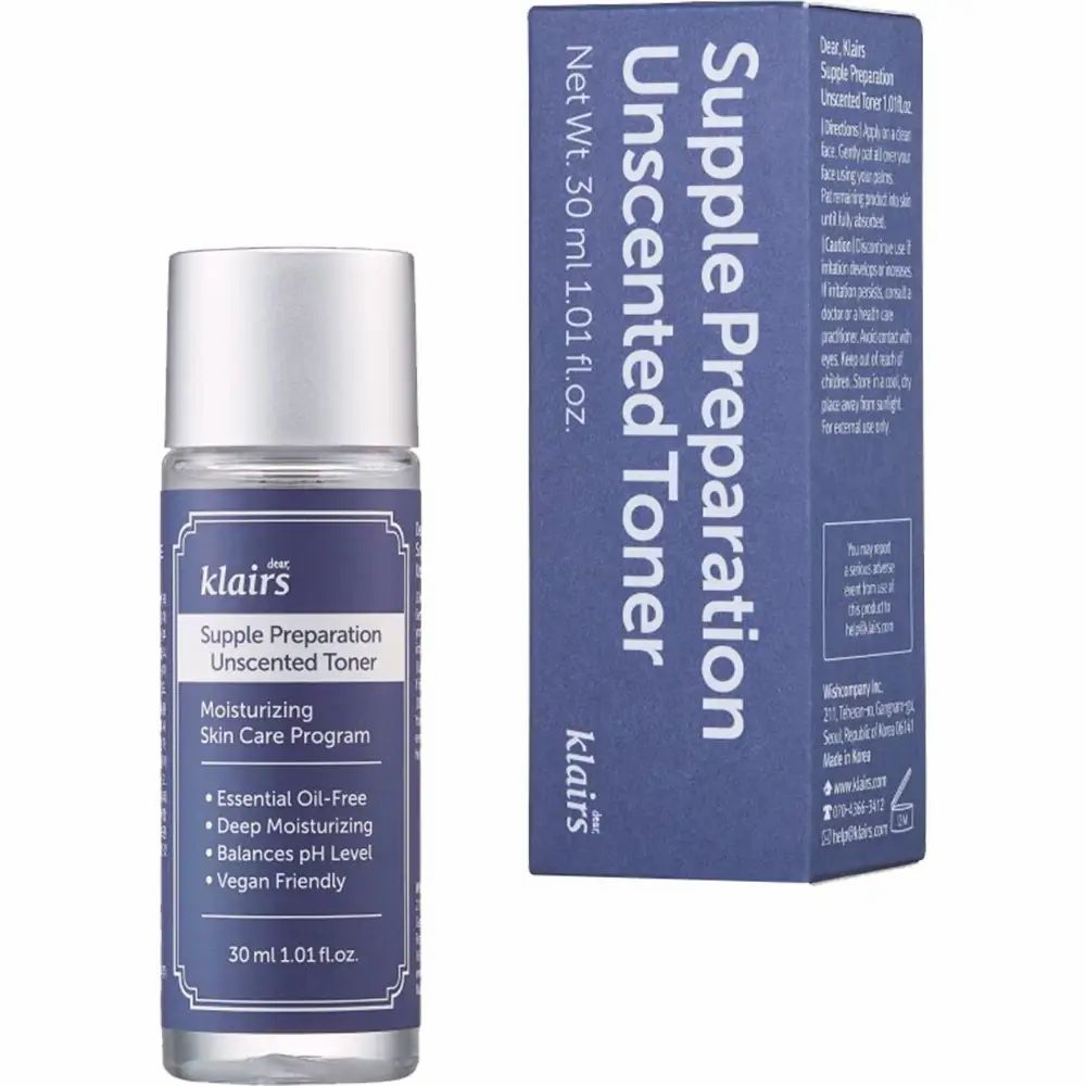 Klaris Supple Preparation Unscented Toner Flasche und Verpackung. Blaue Flasche mit silbernem Deckel und blauer Verpackung.