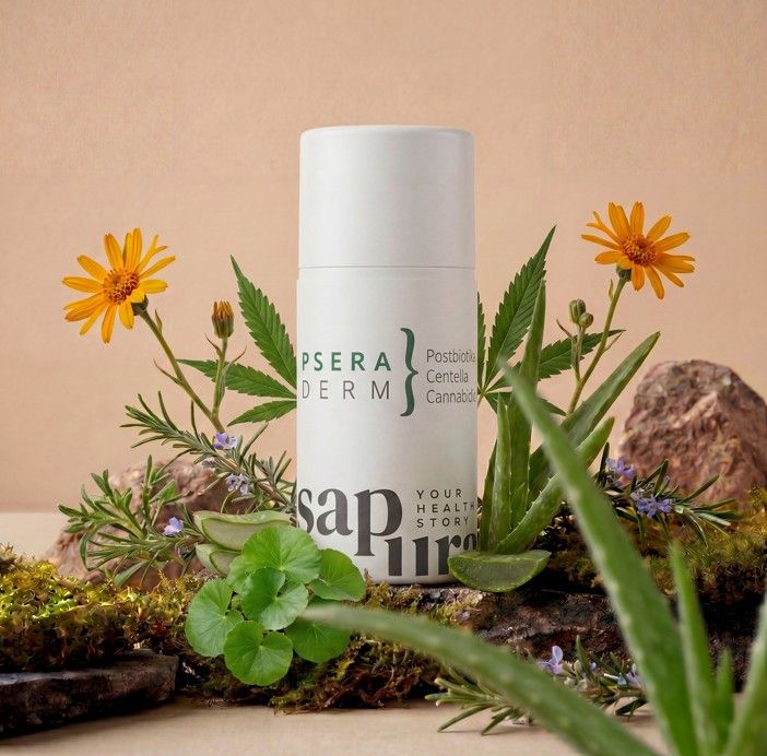 Weiße Flasche umgeben von natürlichen Elementen wie Aloe Vera und Blumen.