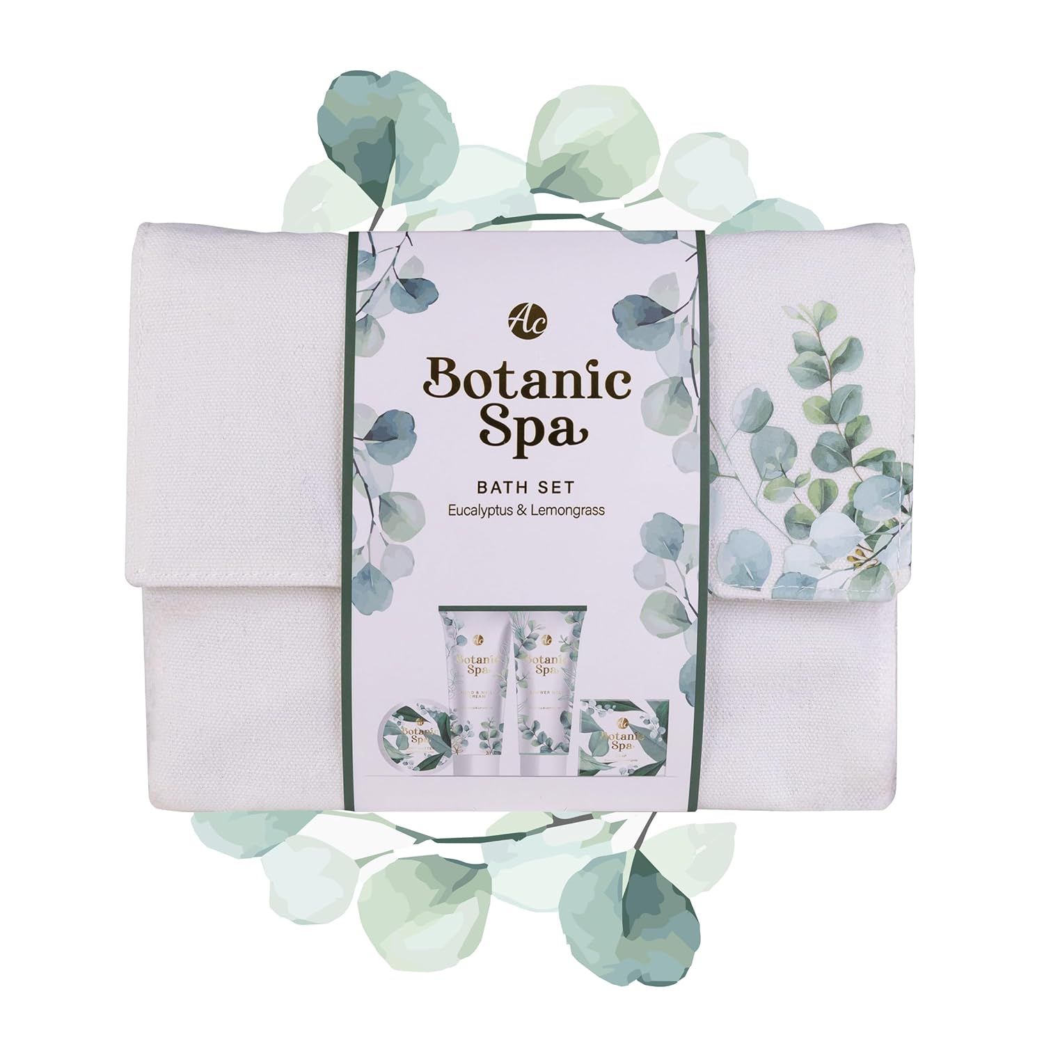 Geschenkset Botanic Spa mit Handtuch, Duschgel und Körperbutter. Verpackung mit Eukalyptus-Motiv. Text: Eucalyptus & Lemongrass.