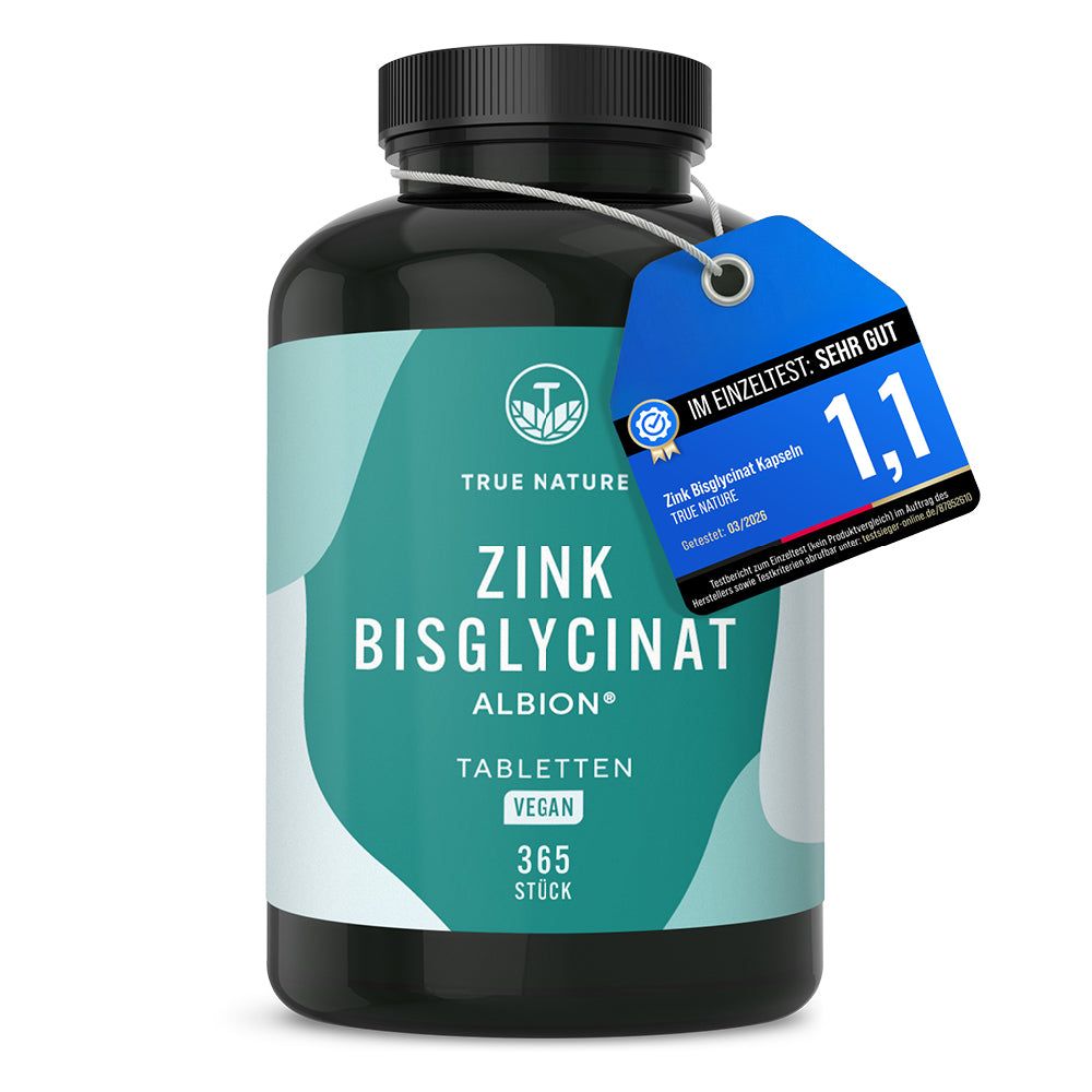 Dose TRUE NATURE Zink Bisglycinat Tabletten mit blauem Etikett 'Im Einzeltest: SEHR GUT 1,1'.
