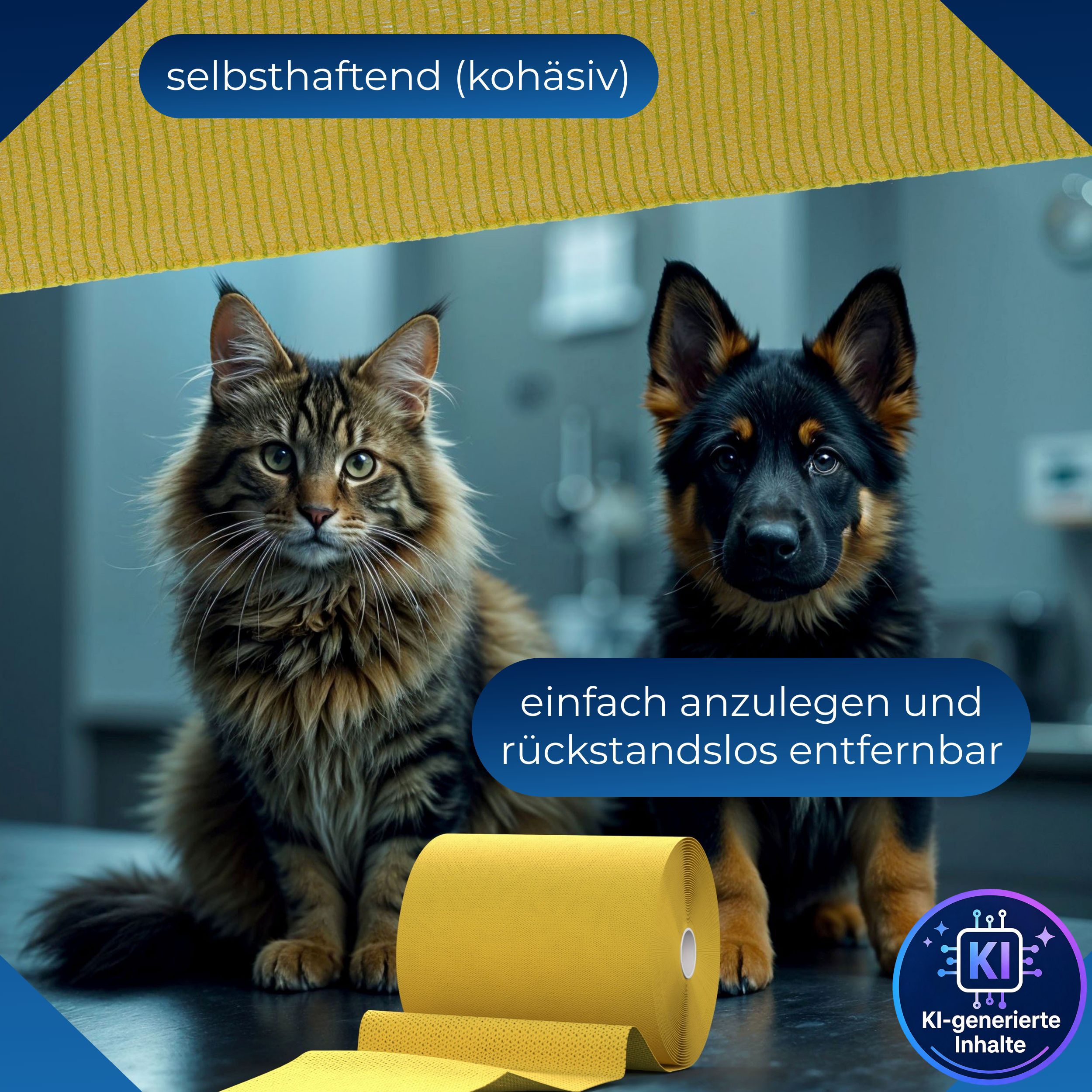 Gelbes, selbsthaftendes Fixierband für Tiere. Einfach anzulegen und rückstandslos entfernbar.