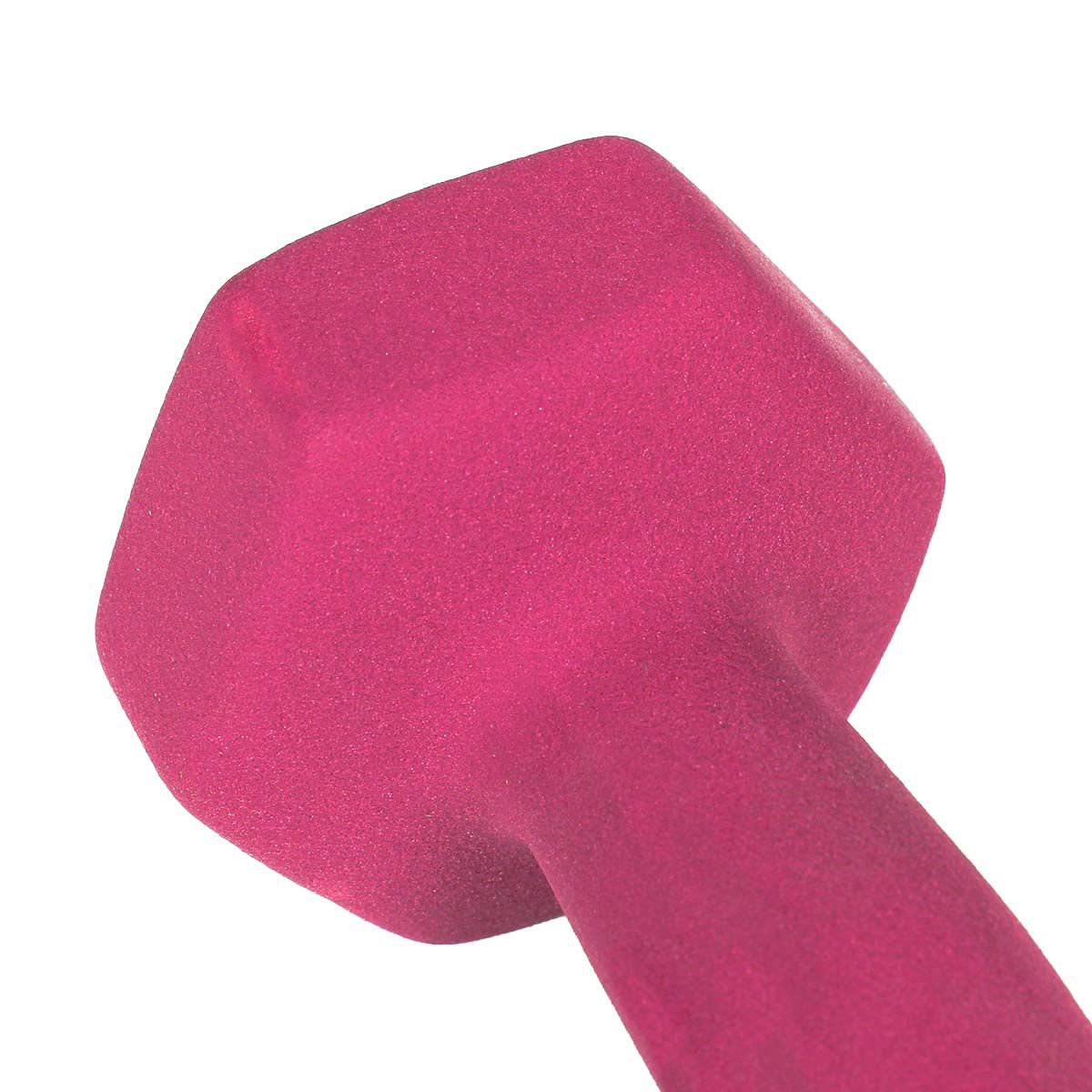 Nahaufnahme einer pinkfarbenen Kurzhantel mit Neoprenüberzug. Sechseckige Form.