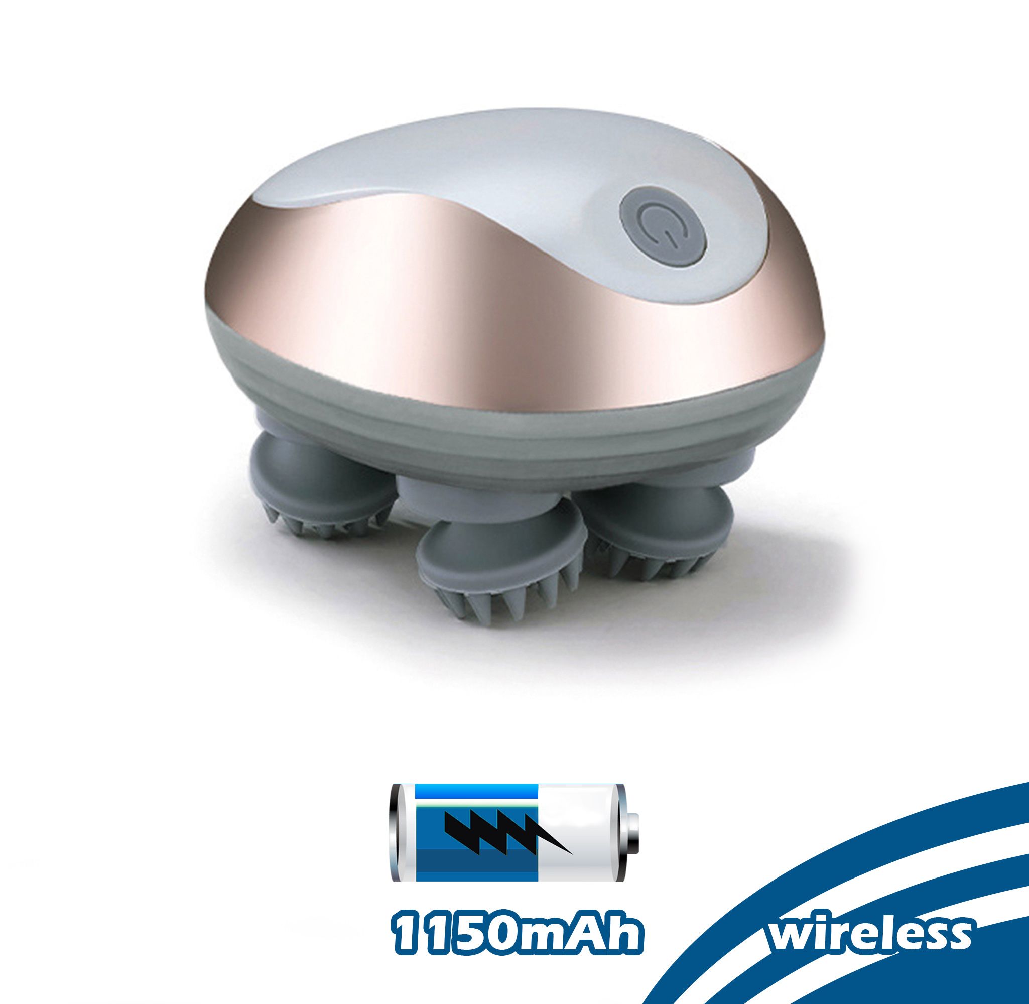 Graues Massagegerät mit goldfarbenem Rand und vier Massageköpfen. Akku-Symbol und Text: 1150mAh wireless.
