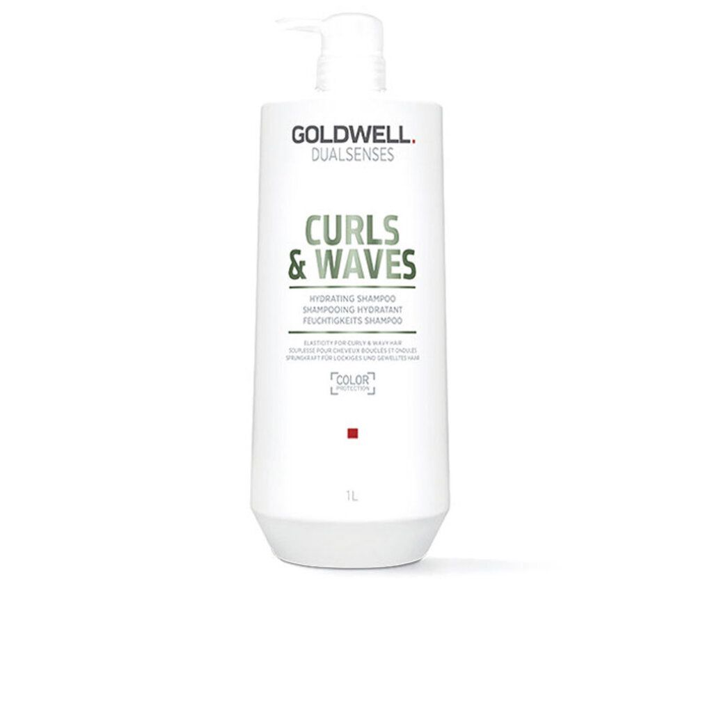 Goldwell Dual Senses Curls & Waves Shampoo. Weiße Flasche mit Pumpe. Produktbezeichnung in Grün. 1L.