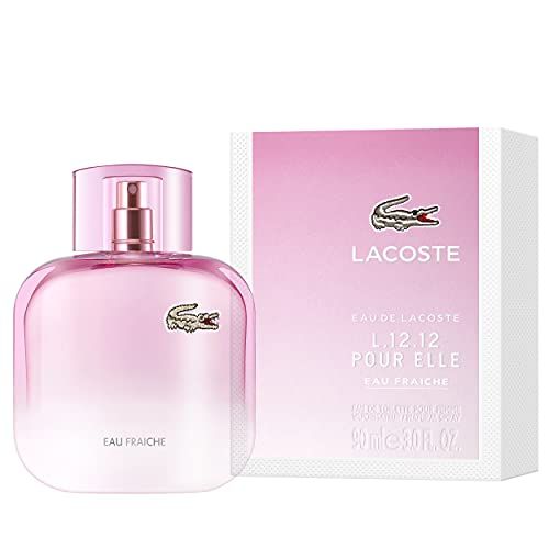Rosa Flakon mit Sprühkopf und weißer Verpackung. Logo Krokodil. Text: L.12.12 POUR ELLE, Eau Fraiche.