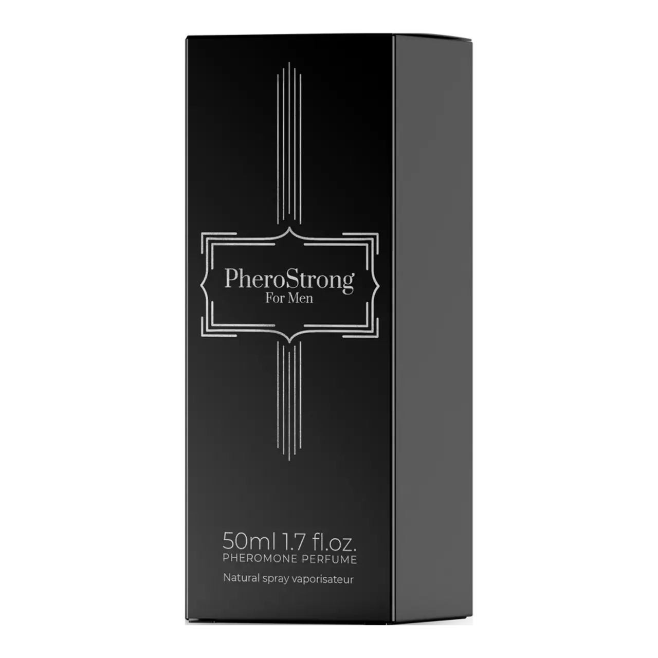 Schwarze Verpackung für PheroStrong für Männer. Aufschrift: PheroStrong For Men, 50ml 1.7 fl.oz. Pheromone Perfume.
