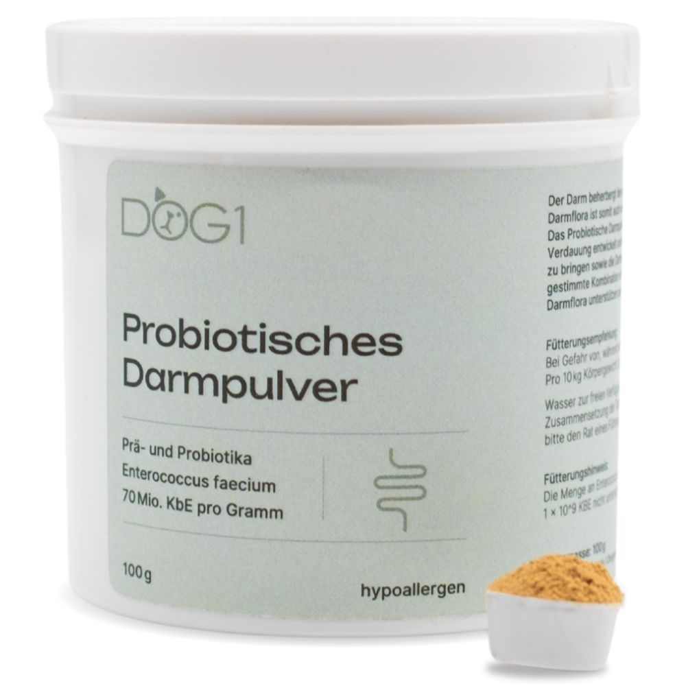 Weiße Dose DOG1 Probiotisches Darmpulver. Aufschrift: Probiotisches Darmpulver, 100g, hypoallergen. Kleiner Löffel mit Pulver.