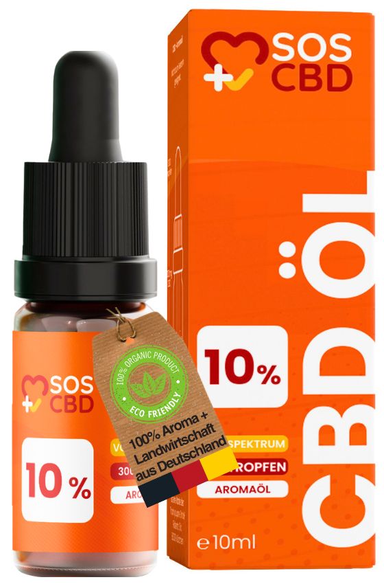 Braune Glasflasche und orangefarbene Verpackung. Etikett mit Text: 100% Aroma, Eco Friendly, 10% CBD. Flagge Deutschland. Text: 300 Tropfen.