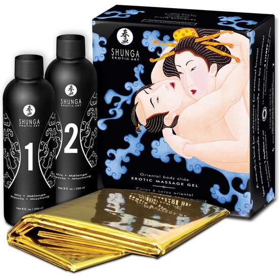 Schwarze Schachtel mit Illustration. Aufschrift: Shunga Exotic Art, Oriental Body Slide Exotic Massage Gel. Gelee de massage érotique.