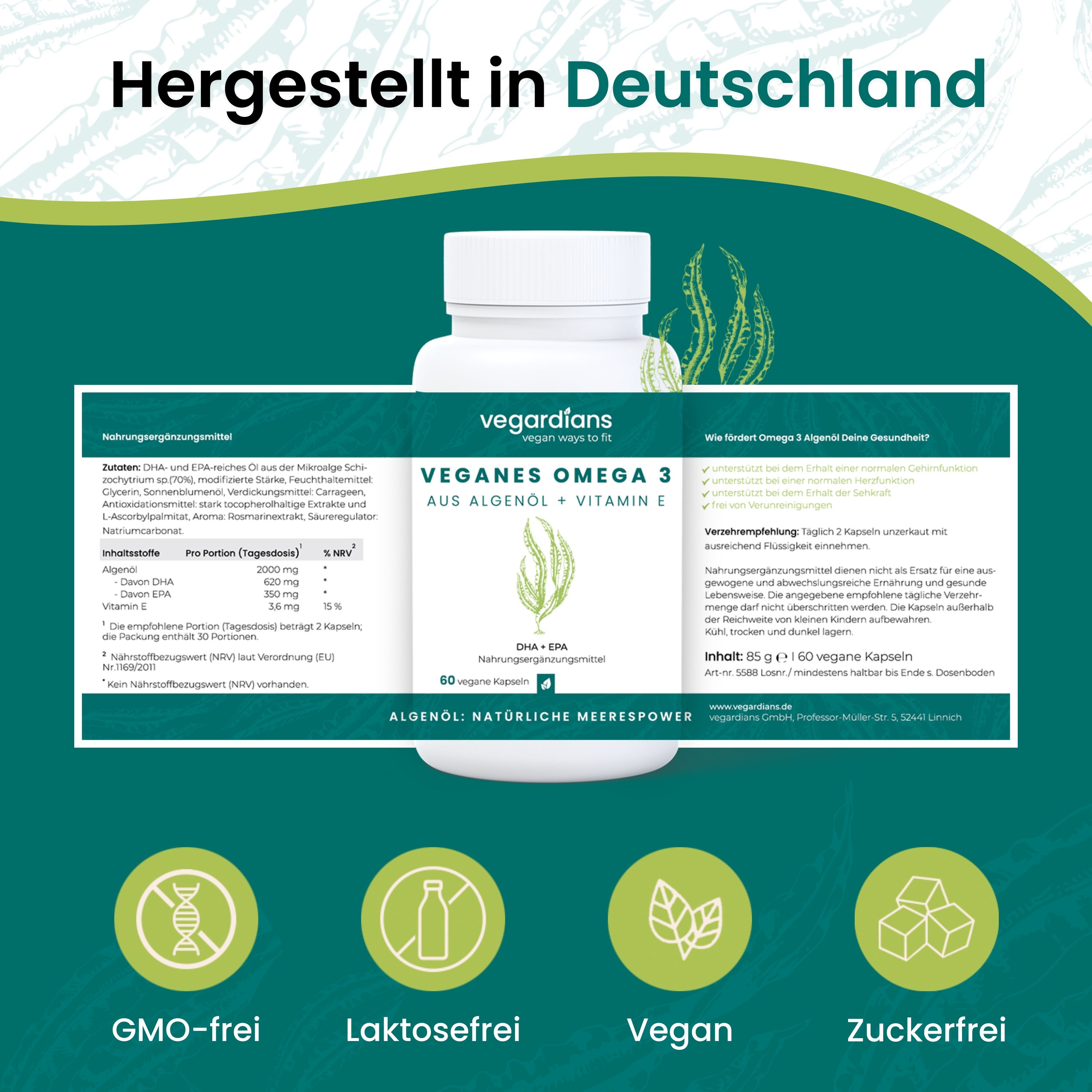Eine Flasche mit Produktetikett. Text: Veganes Omega 3, DHA + EPA. Informationen: GMO-frei, laktosefrei, vegan, zuckerfrei. Hergestellt in Deutschland.