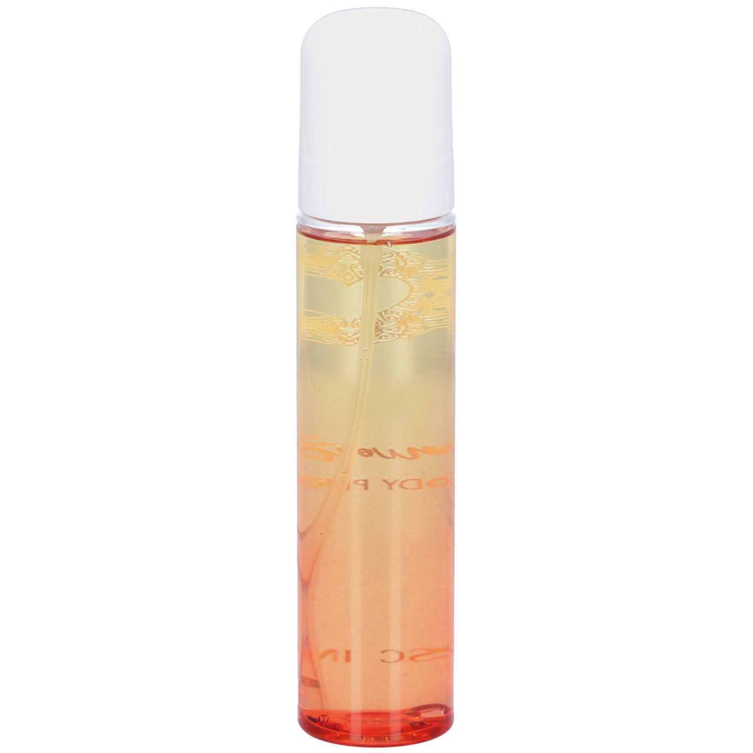 Körperparfum in einem zylindrischen Zerstäuber mit weißem Verschluss. Farbverlauf von Gelb zu Orange.