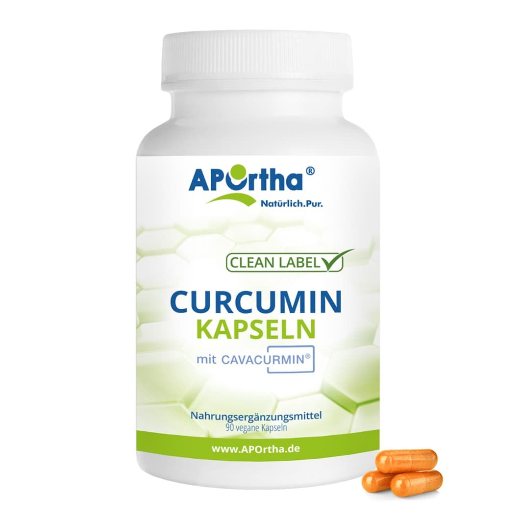 Weiße Flasche APOrtha® Curcumin-Kapseln mit CAVACURMIN®. 90 Kapseln. Grüne Aufschrift. Drei Kapseln daneben.