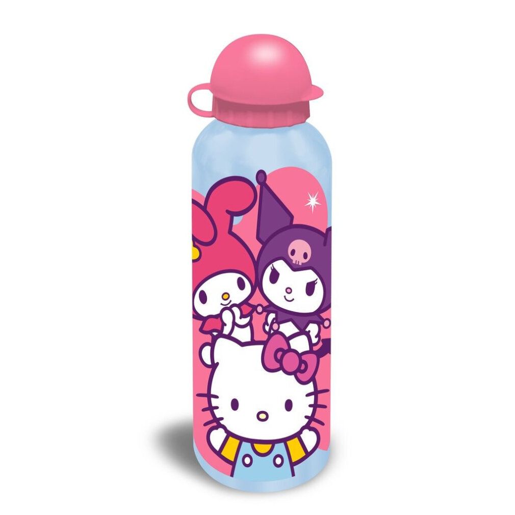 Aluminiumflasche mit Hello Kitty-Motiv. Hellblauer Hintergrund, rosa Deckel. Abgebildet sind Hello Kitty und Freunde.