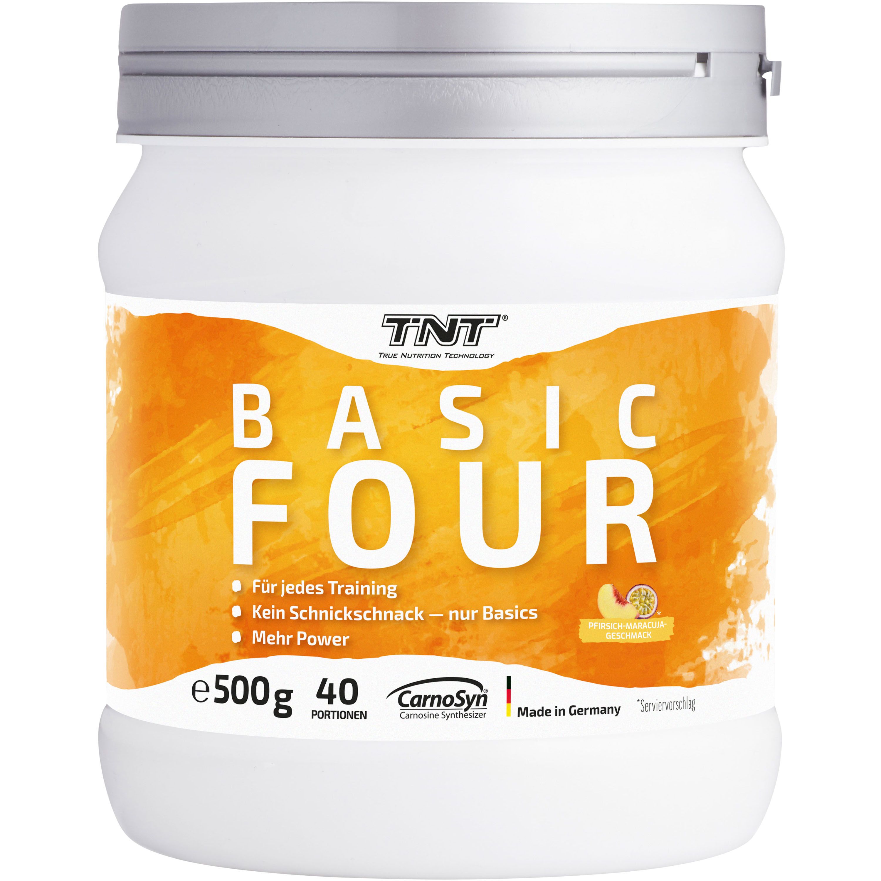 Weißes Produktglas mit gelbem Etikett. Aufschrift: BASIC FOUR, TNT-Logo, 500g, 40 Portionen. Zusätzliche Textinformationen.
