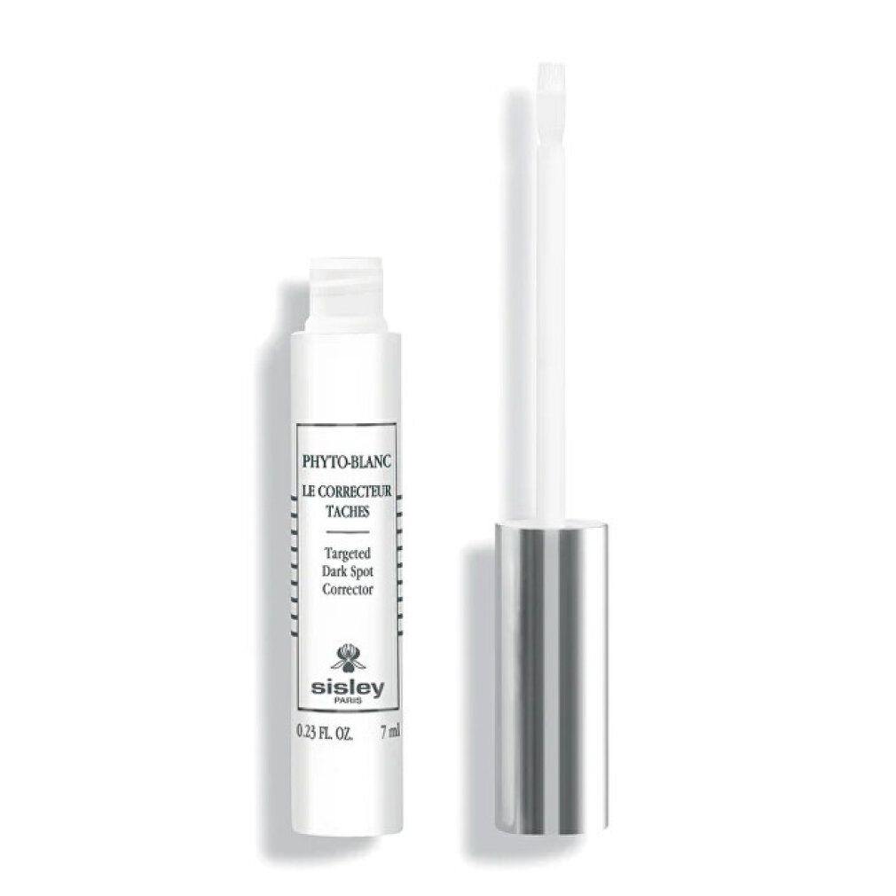 Weißes Serum mit silberner Kappe und Applikator. Beschriftung: PHYTO-BLANC, LE CORRECTEUR TACHES, Targeted Dark Spot Corrector. Marke: Sisley.
