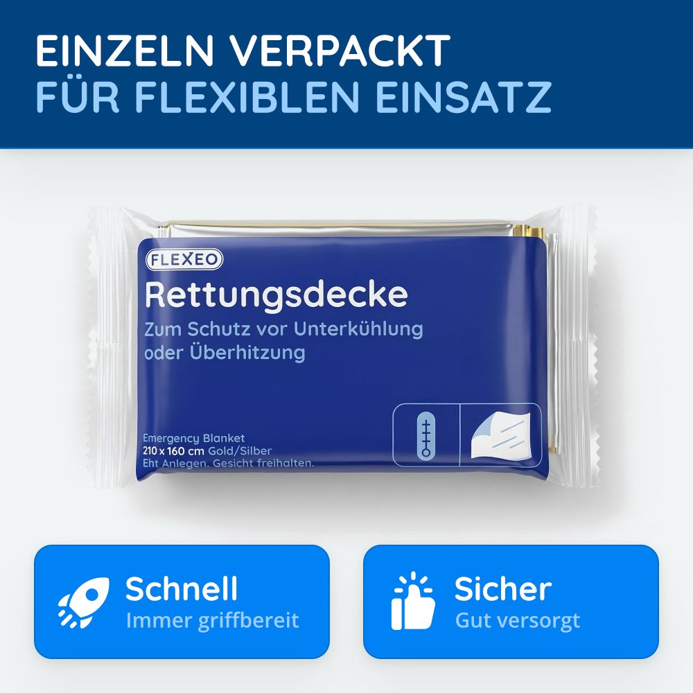 Einzeln verpackte goldene Rettungsdecke mit Produktinformationen und Symbolen.