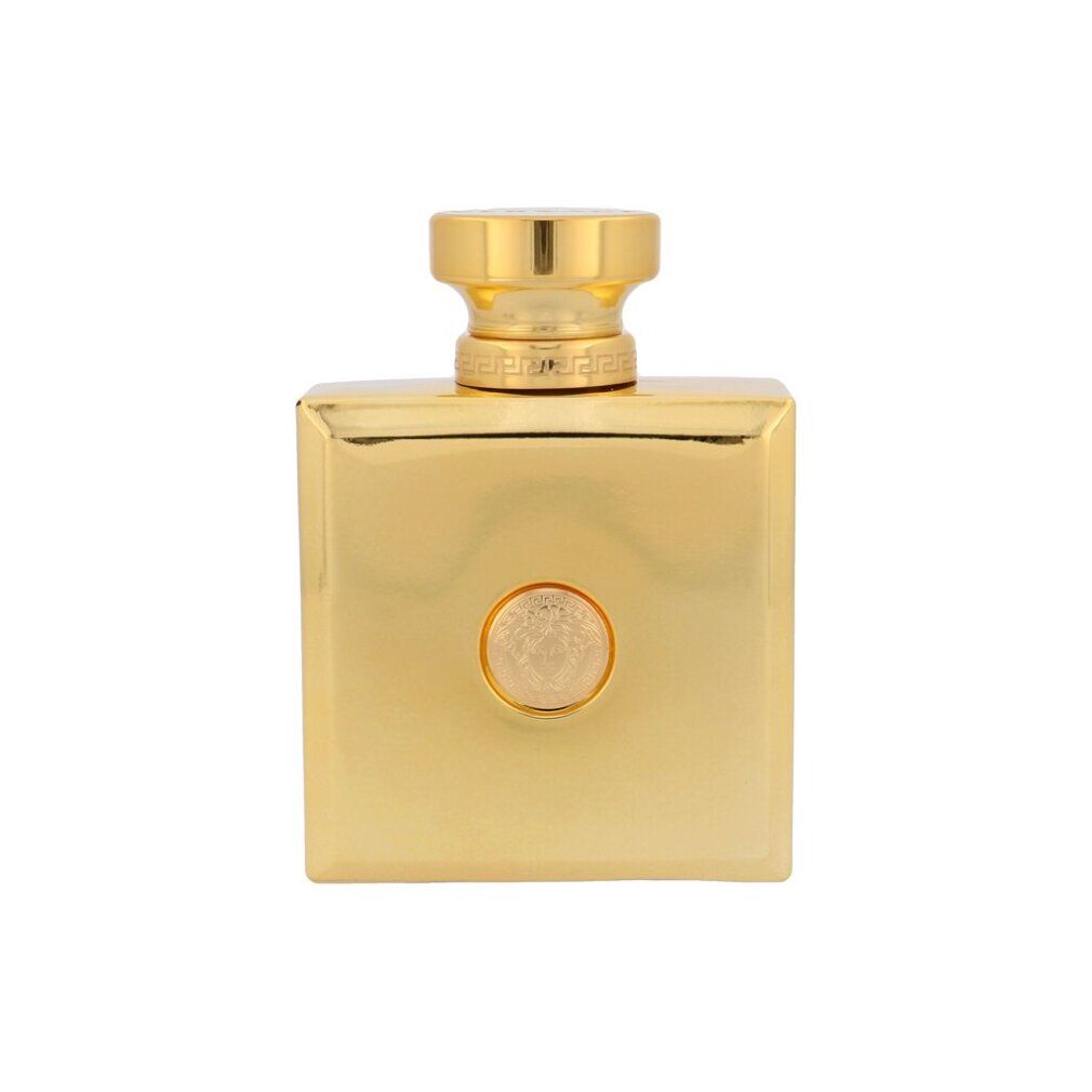 Goldfarbener Flakon mit quadratischer Form und goldenem Verschluss. Medusa-Emblem auf der Vorderseite.