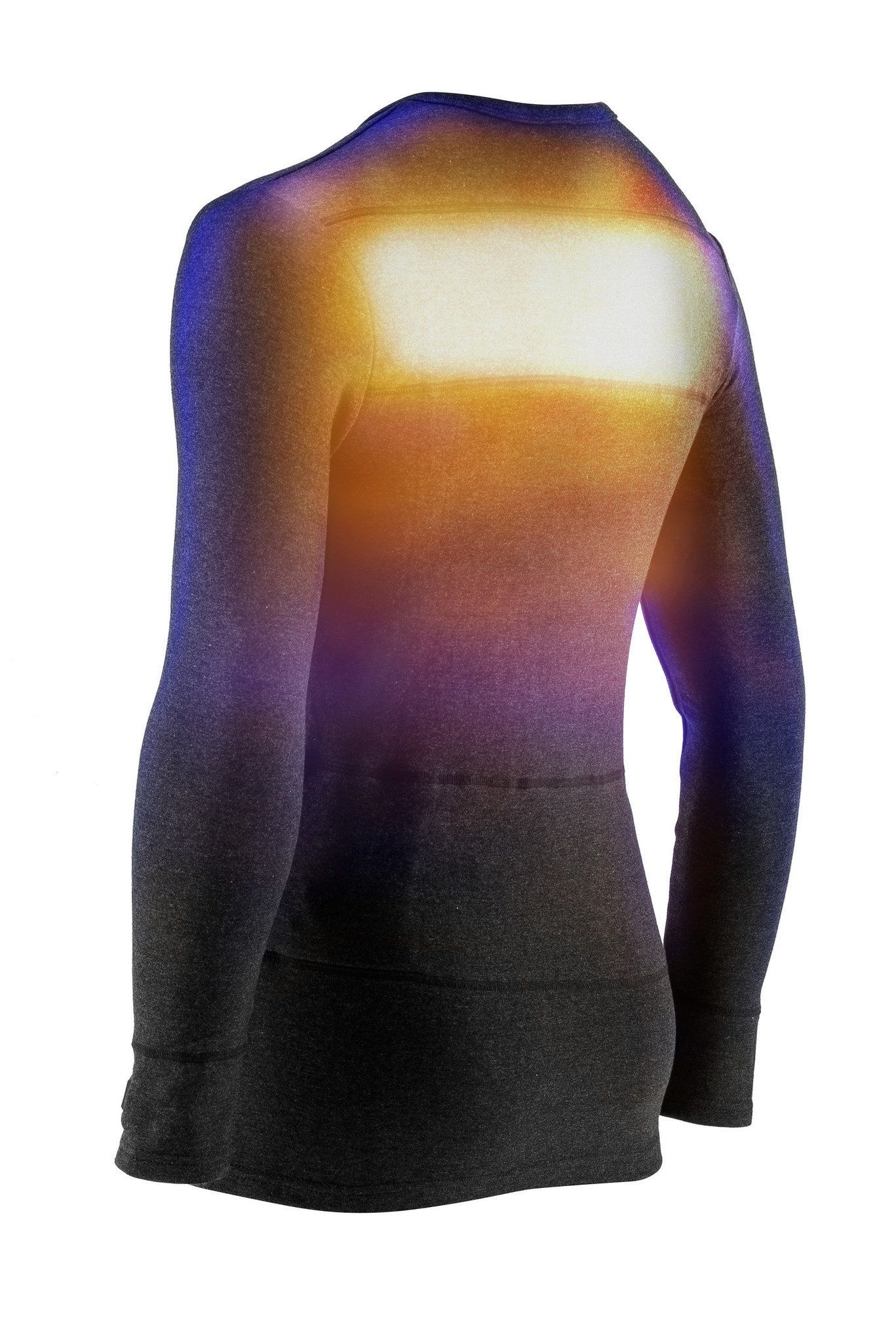 Rückansicht eines schwarzen Thermo-Shirts mit Heizfunktion. Sichtbare Heizbereiche in Gelb und Orange. Rundhalsausschnitt. Manschetten.