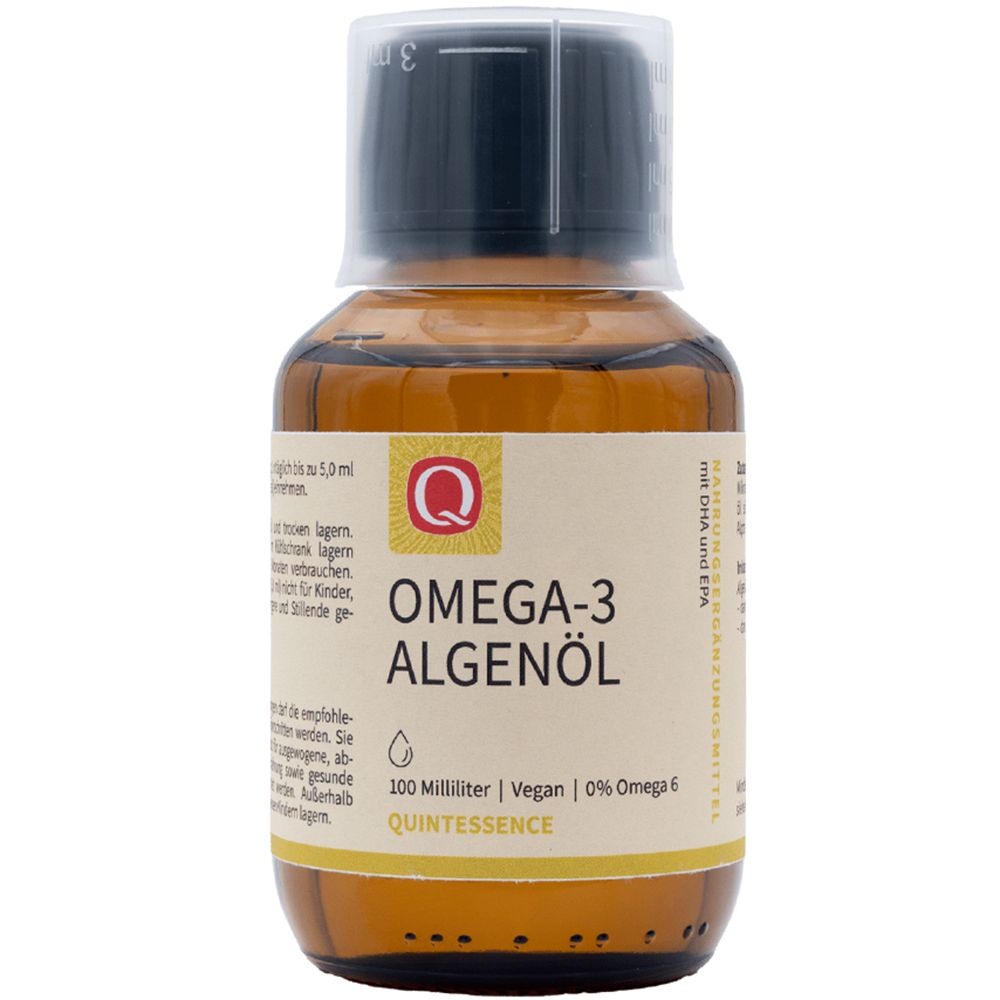 Omega-3 Algenöl von Quintessence in einer braunen Glasflasche mit schwarzem Schraubverschluss. 100 Milliliter, vegan.
