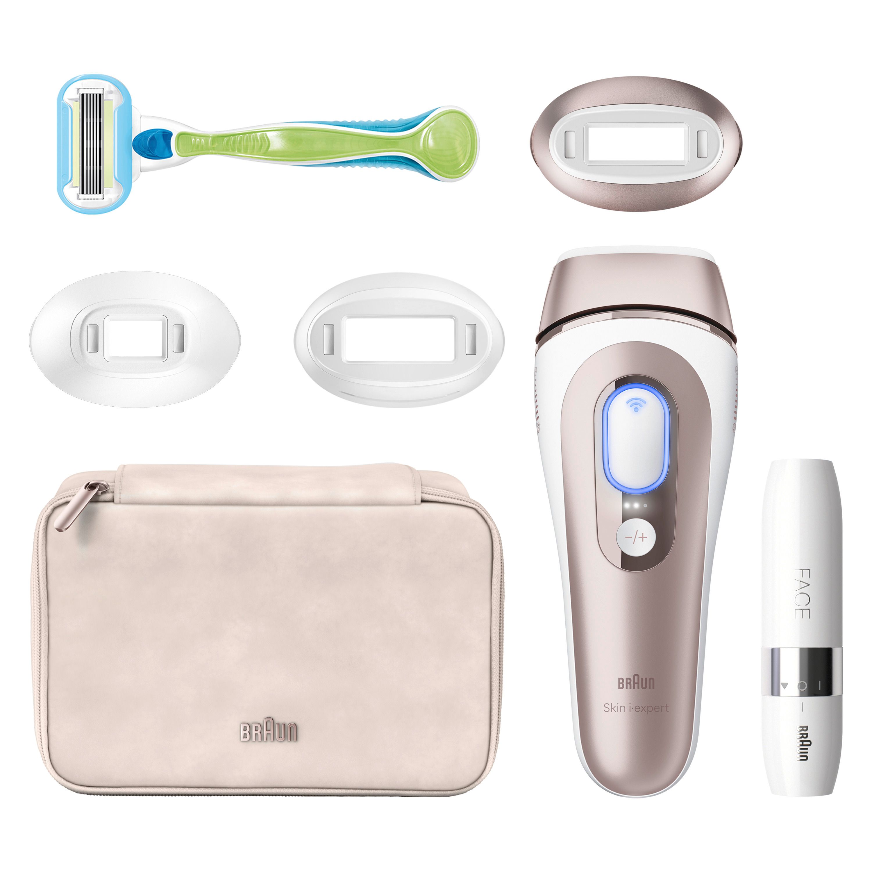 IPL-Haarentfernungssystem mit Zubehör: Rasierer, Aufsätze, Etui und Face-Aufsatz. Braun Skin i-expert Pro 7 PL7249.