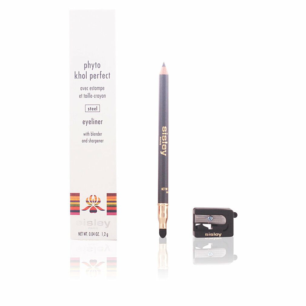 Sisley Phyto-Khol Perfect Eyeliner-Stift, Verpackung und Spitzer. Text: 'eyeliner with blender and sharpener'.