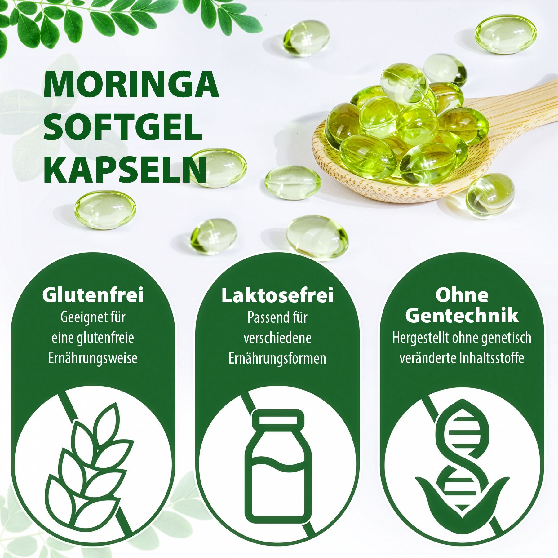 Grüne Softgel Kapseln. Text: Glutenfrei, laktosefrei, ohne Gentechnik. Kapseln auf Holzuntergrund.