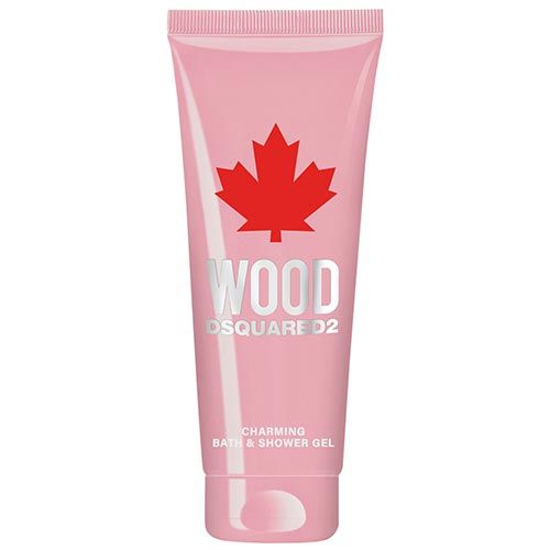 Rosa Duschgel-Tube mit rotem Ahornblatt-Logo. Text: WOOD, DSQUARED2, Charming Bath & Shower Gel.