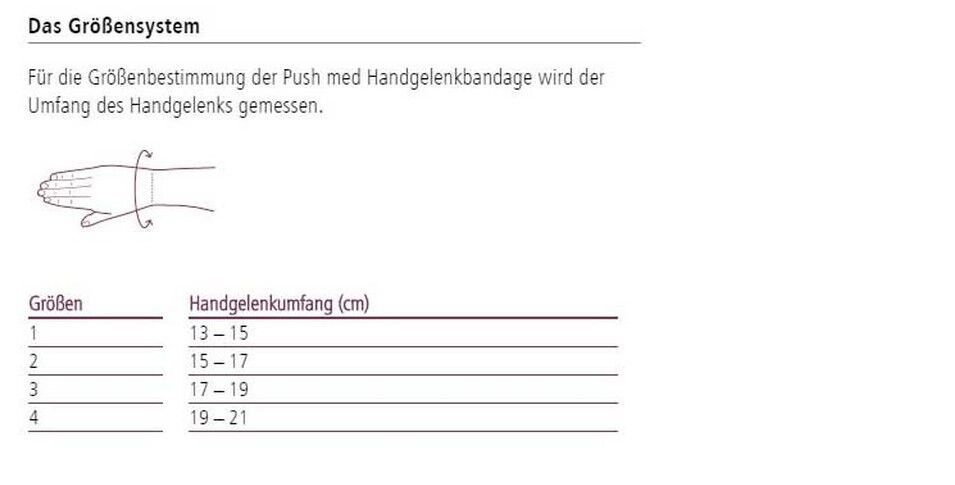 Text: Größenbestimmung für Handgelenkbandage. Tabelle mit Größenangaben und Handgelenkumfang in cm.