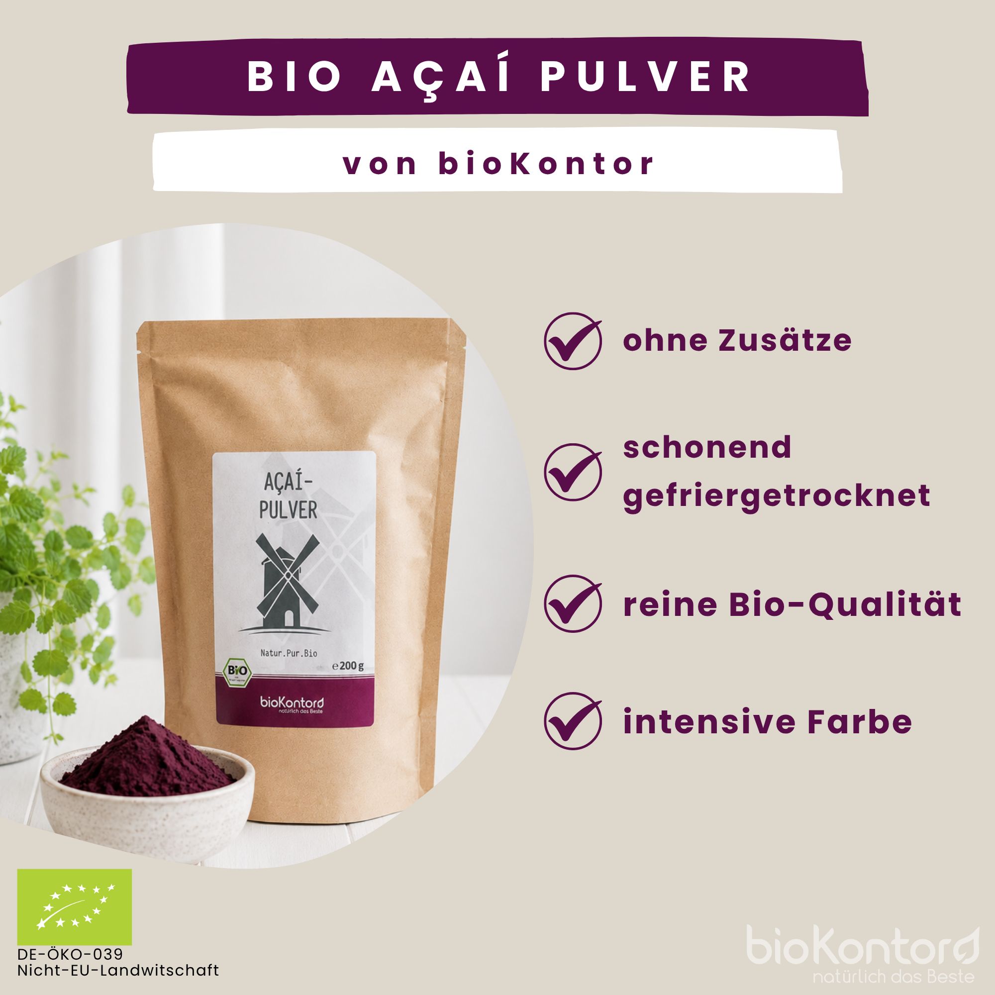 Bio Açai Pulver von bioKontor, gefriergetrocknet, reine Bio-Qualität, intensive Farbe.