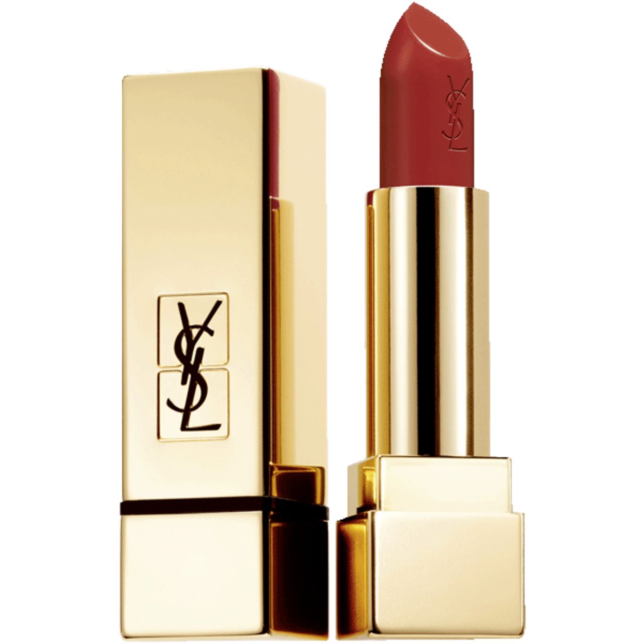 Goldfarbener Lippenstift, geöffnet. Roter Lippenstift mit YSL-Logo. Quadratische Form, goldene Hülle.