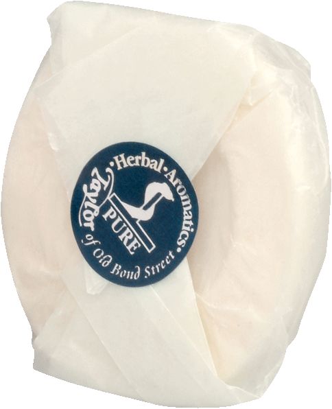 Runder Rasierseifen-Nachfüller, in Papier verpackt. Blaues Etikett mit Text: Taylor of Old Bond Street, Herbal Aromatics, Pure.