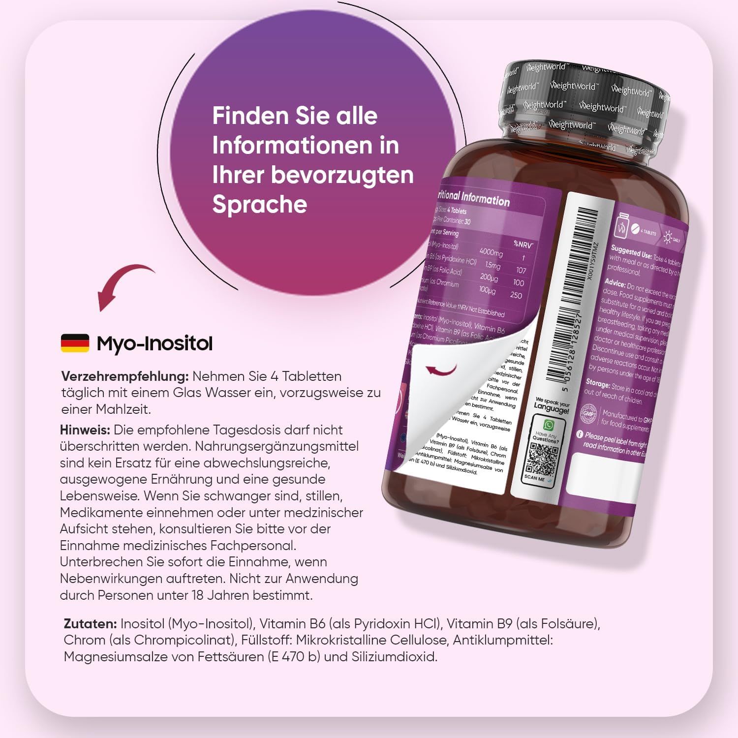 Flasche mit Tabletten und Text in deutscher Sprache. Verzehrempfehlung: 4 Tabletten täglich mit Wasser. Zutatenliste.