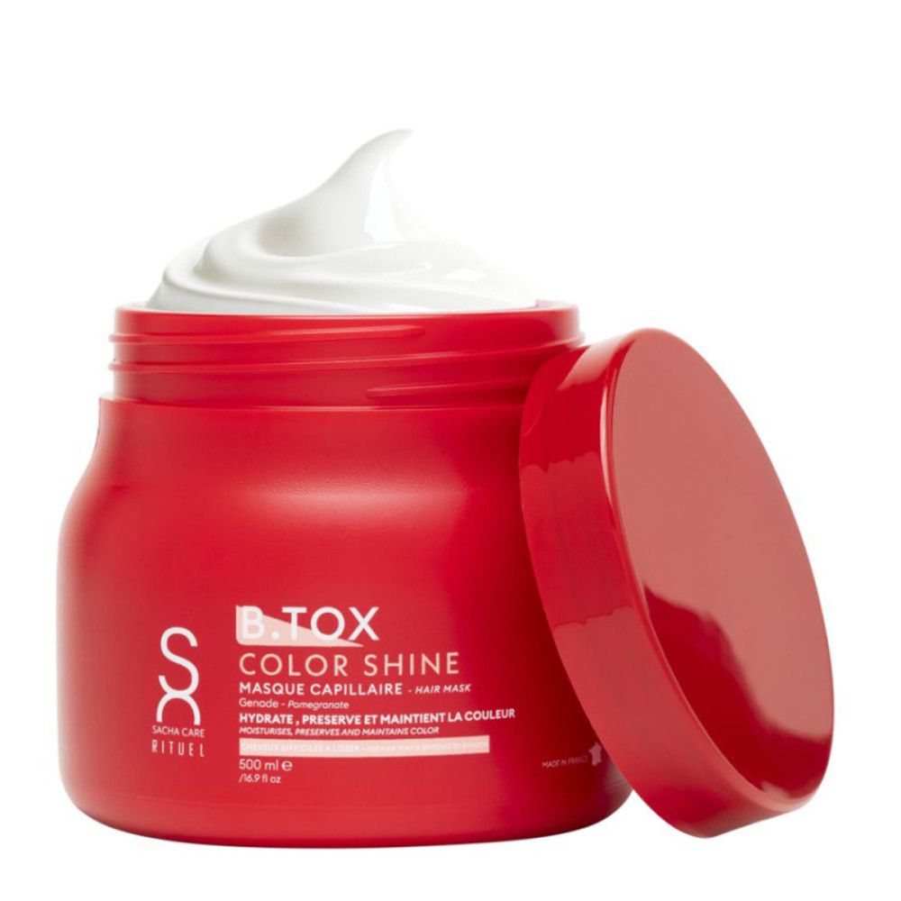 Rote Dose mit weißer Creme. Aufschrift: B-Tox Color Shine, Masque Capillaire, 500 ml.