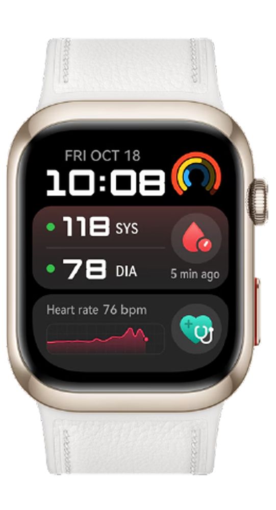 Smartwatch mit weißem Armband und goldenem Gehäuse. Zeigt Uhrzeit, Herzfrequenz und Blutdruckwerte auf dem Display.