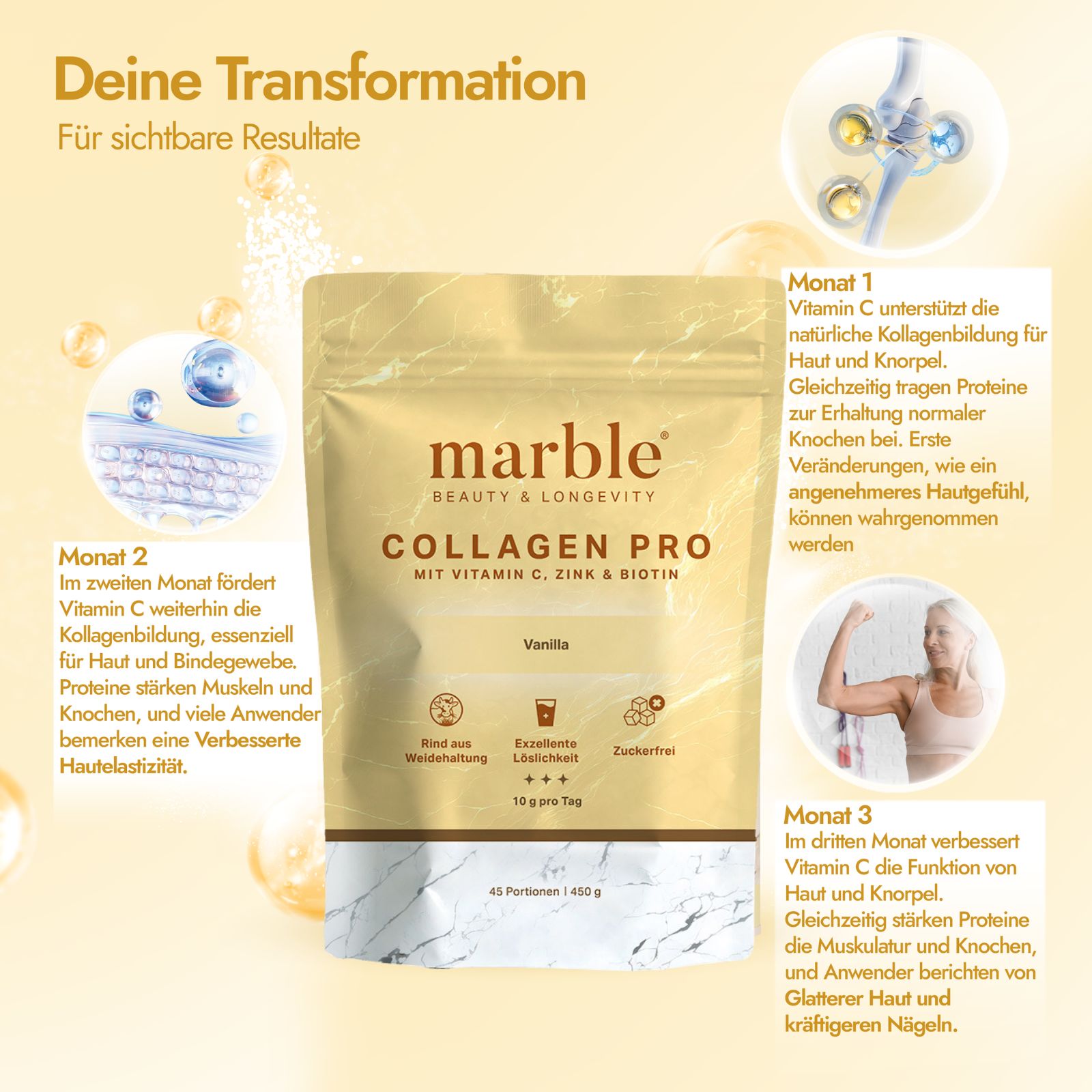 marble Collagen Pro – Vanilla 450g|Reines Weidekollagen mit Vitamin C, Zink & Biotin