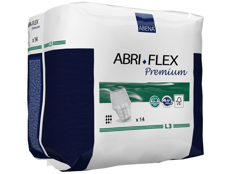 Verpackung Abena Abri-Flex Premium L3. Weißer Beutel mit blauen Akzenten. Aufschrift: ABRI-FLEX Premium, L3, Air Plus, x14.