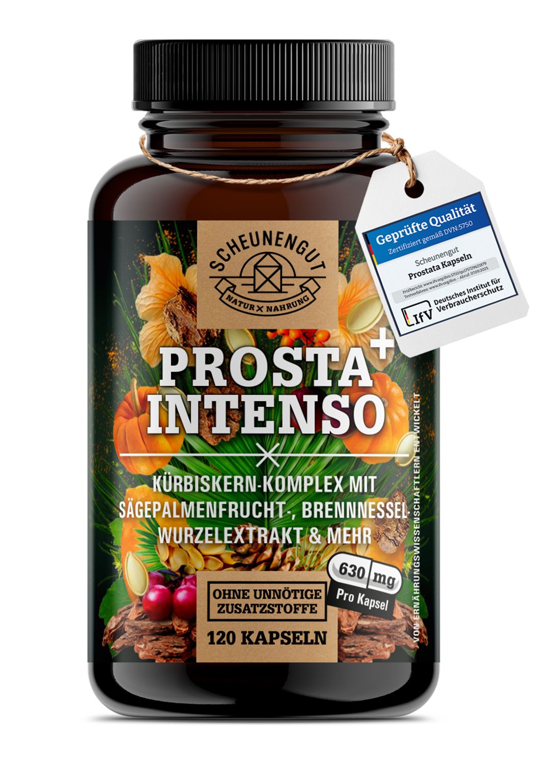 Produktflasche PROSTA INTENSO PLUS, 120 Kapseln. Mit Kürbiskern, Sägepalme, Brennnesselwurzelextrakt. Text.