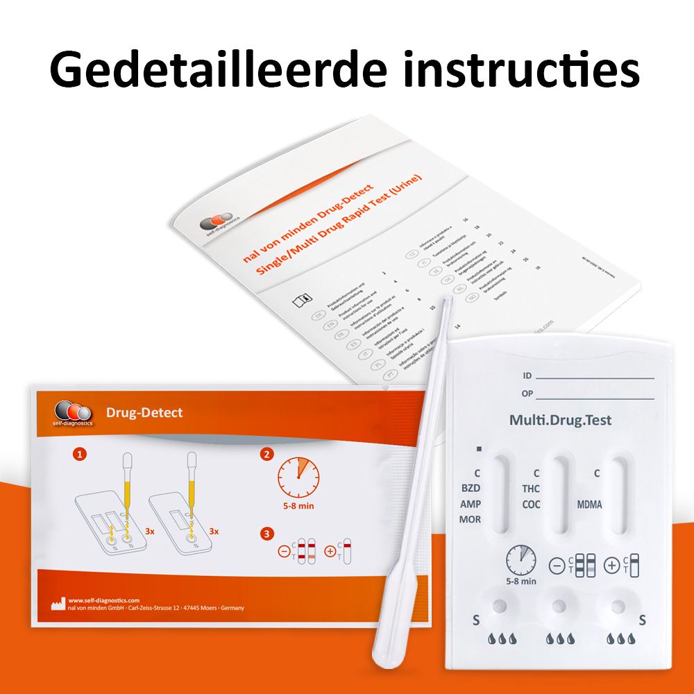 Multi.Drug.Test met pipet en instructies. Instructies tonen proces en resultaten.