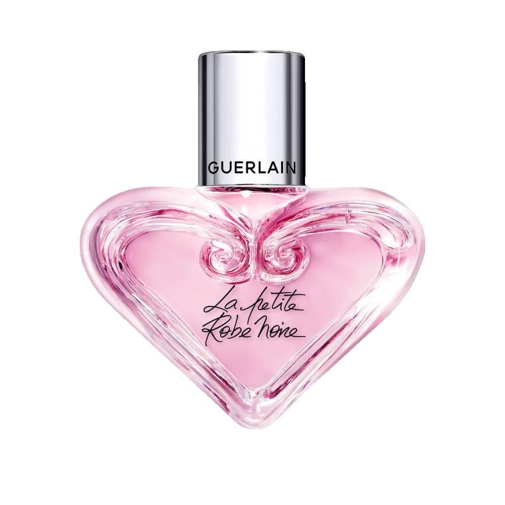 Rosa Herzflakon mit silbernem Deckel. Schriftzug: La petite Robe noire. Marke: Guerlain.