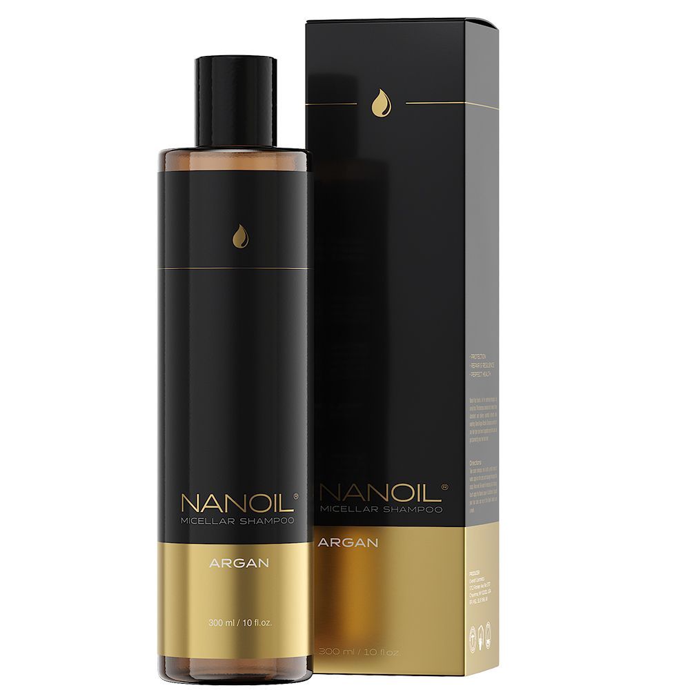Nanoil Micellar Shampoo Argan, 200 ml Flasche mit schwarzer und goldener Verpackung.