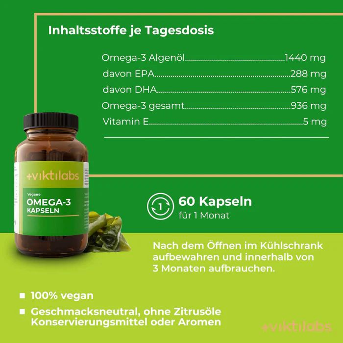 Viktilabs Vegane Omega-3 Kapseln: Hochwertiges Algenöl mit 20% EPA & 40% DHA