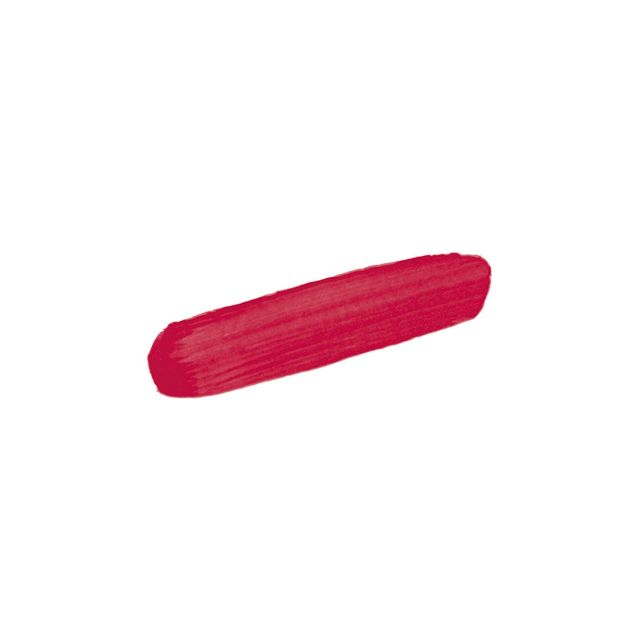 Roter Lippenstift-Abstrich auf weißem Hintergrund. Form eines länglichen Strichs.