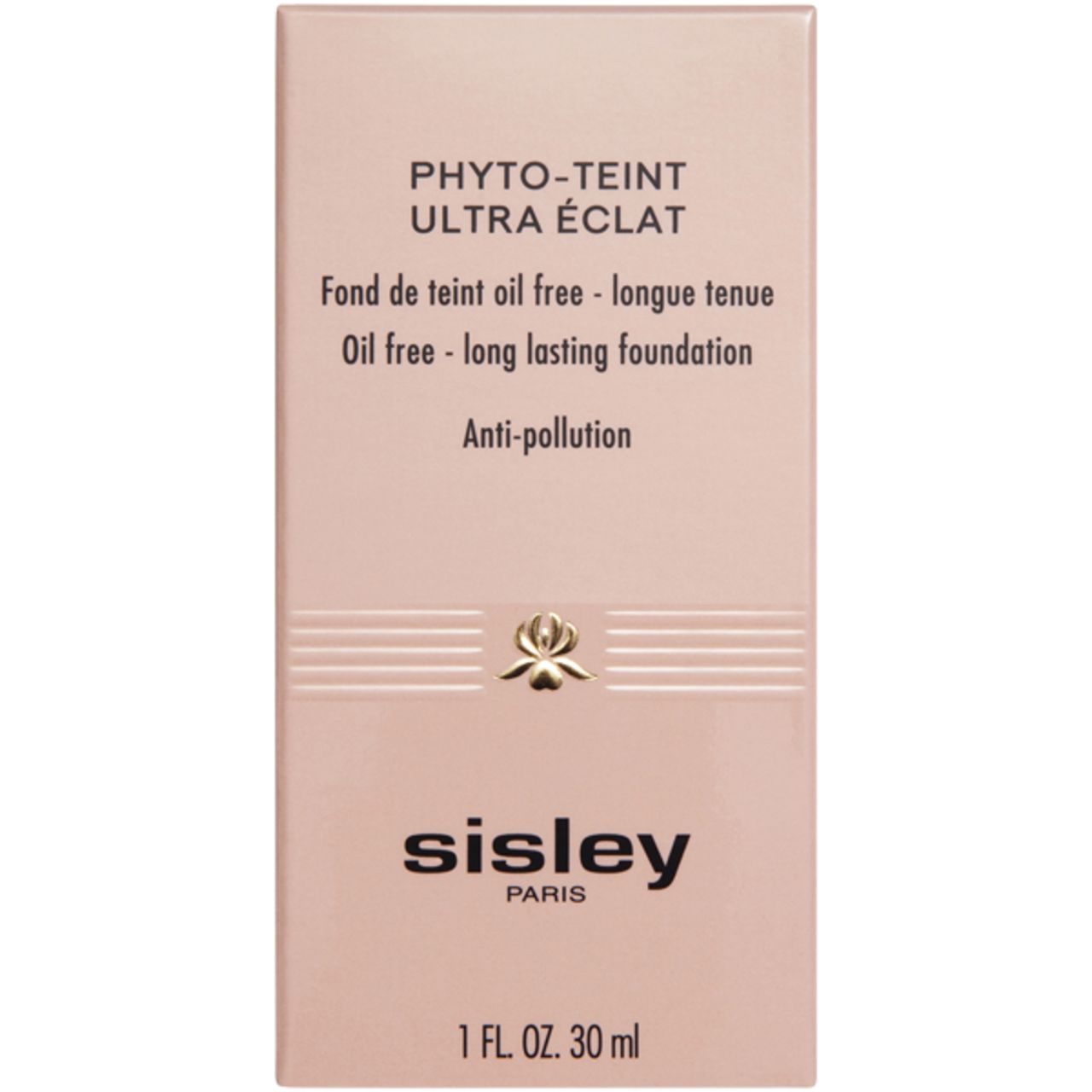 Sisley Phyto-Teint Ultra Eclat Foundation Verpackung. Text: Oil free - long lasting foundation, Anti-pollution.