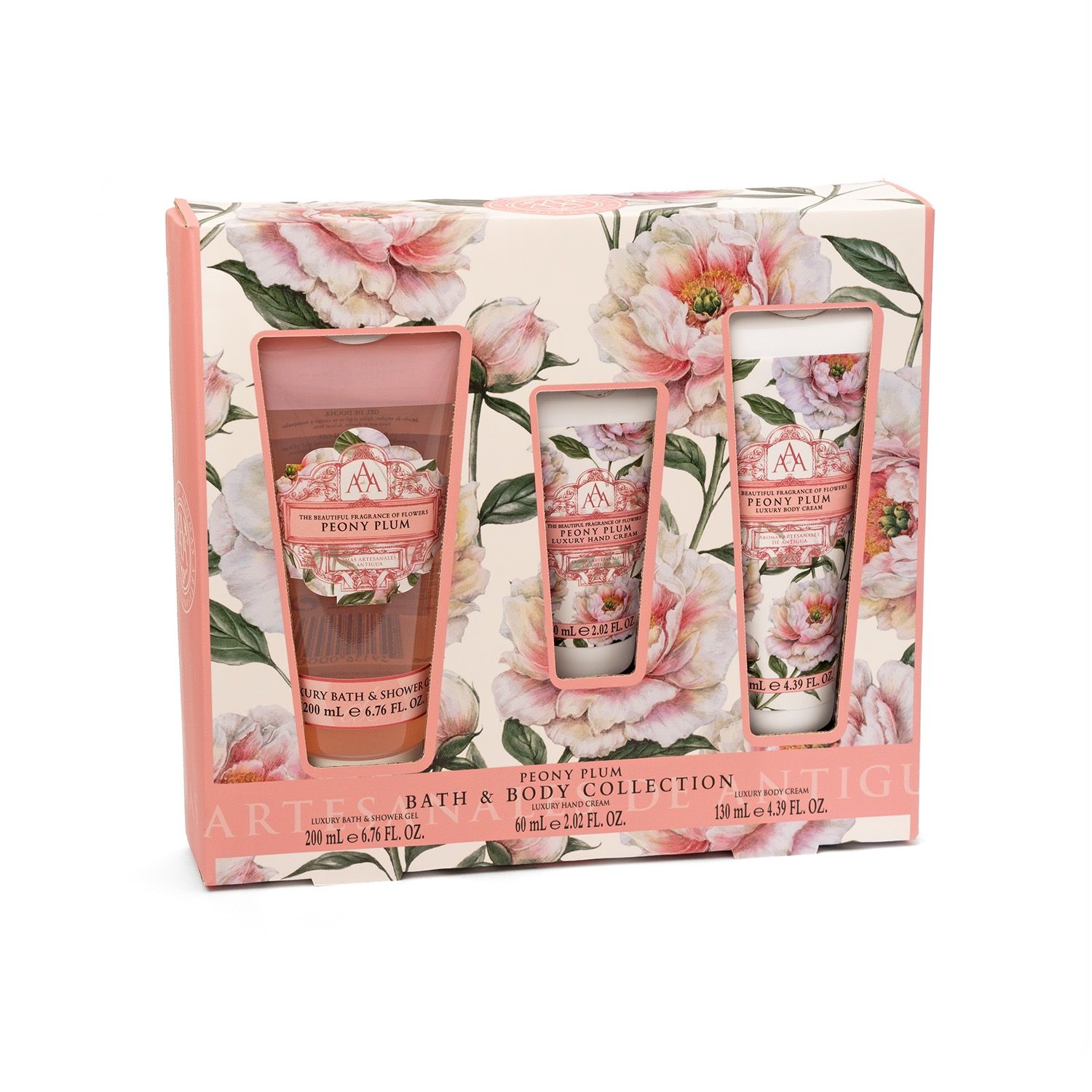 Geschenkset mit drei Produkten. Verpackung mit floralem Muster. Enthält Duschgel und zwei Cremes. AAA Bath & Body Collection.