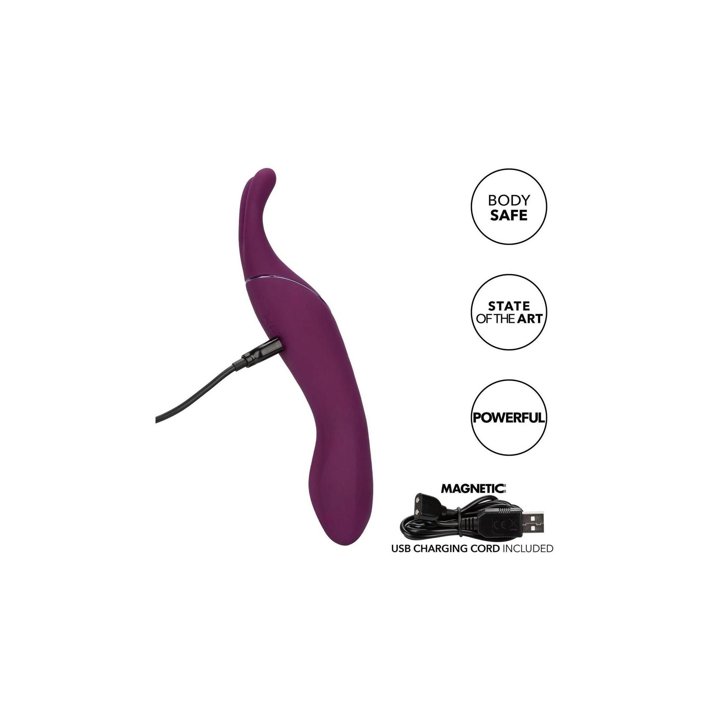Lila Massagegerät mit USB-Ladekabel. Body Safe, State of the Art, Powerful. Magnetisch. USB-Ladekabel enthalten.