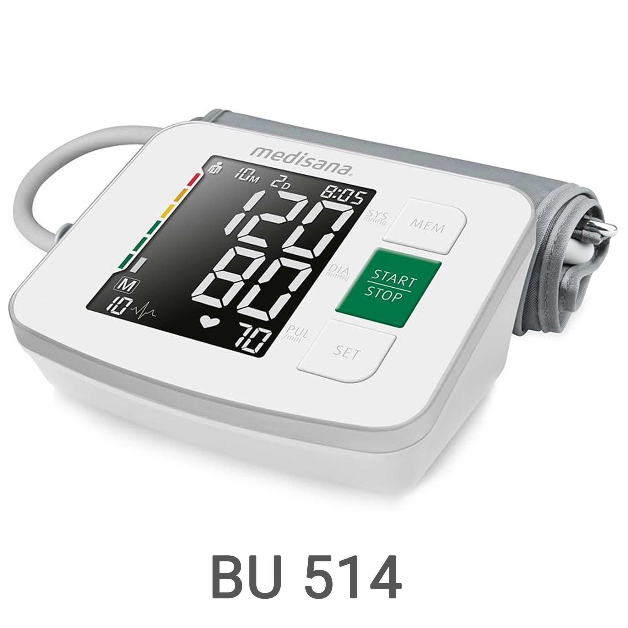 Weißes medisana Oberarm-Blutdruckmessgerät BU 514 mit großem Display.