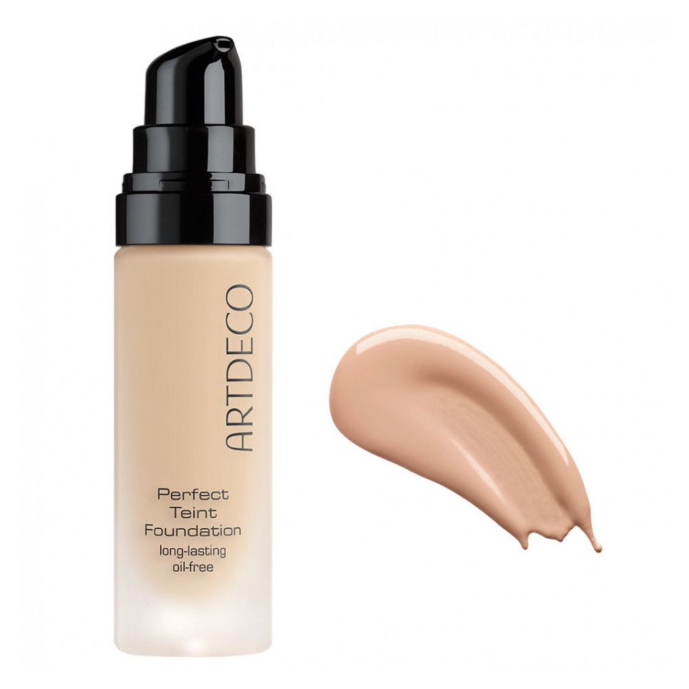 Artdeco Perfect Teint Foundation Flasche mit Pumpe. Farbprobe daneben. Ölfrei. Hellbraune Flüssigkeit.