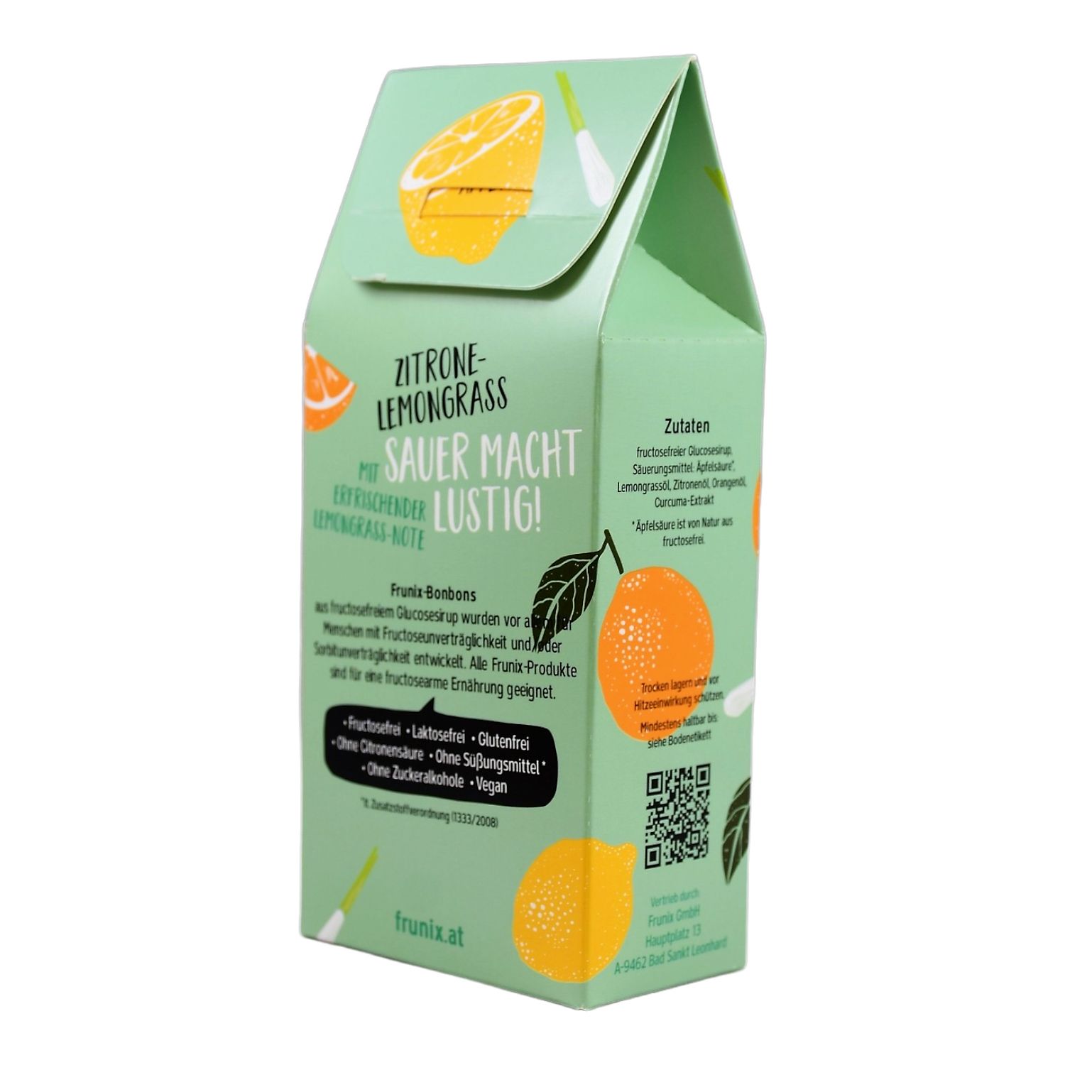 Frunix Bonbons Verpackung. Text: Zitrone-Lemongrass, Sauer macht lustig! Mit erfrischender Lemongrass-Note.